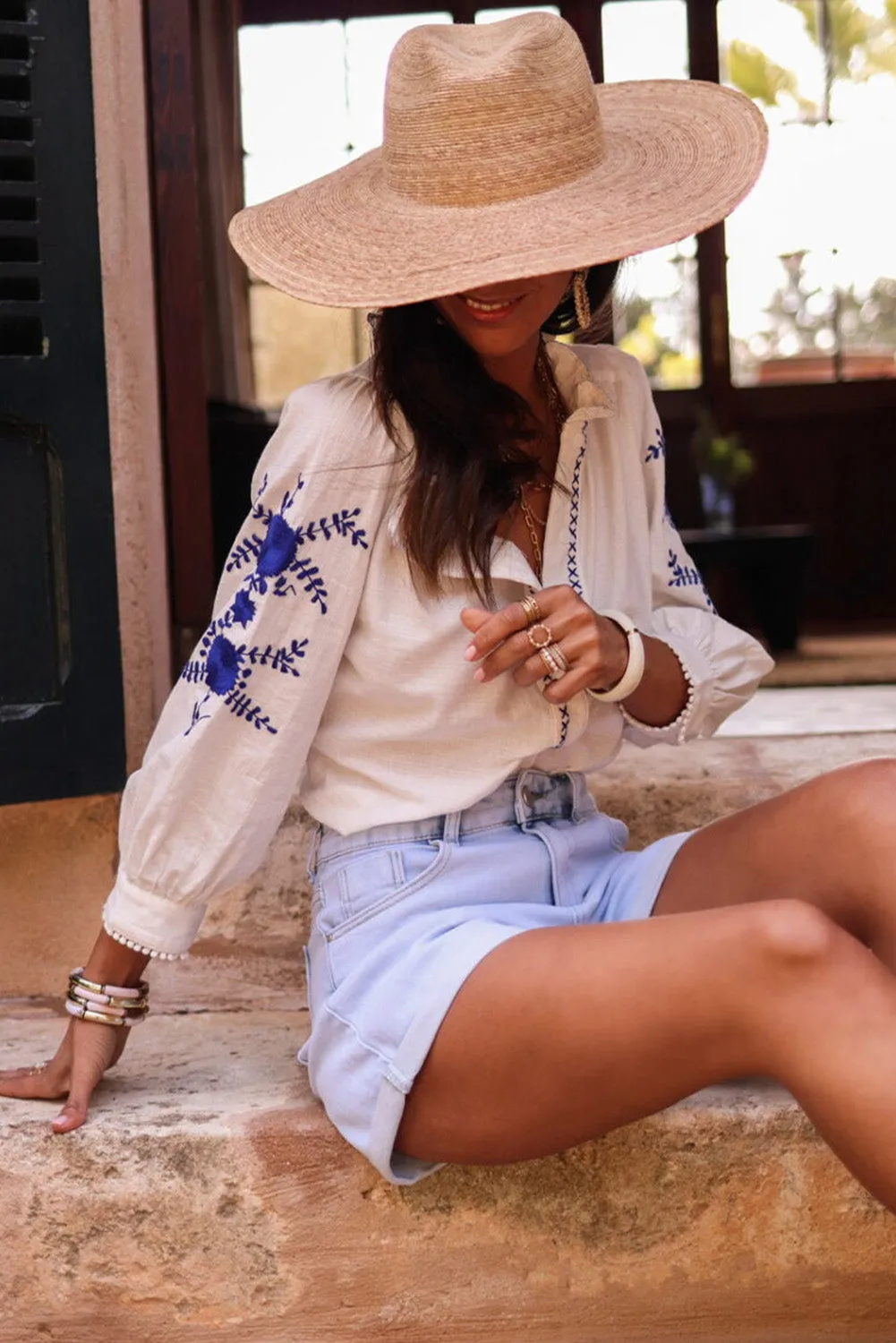 White Floral Embroidered Button Up Shirt