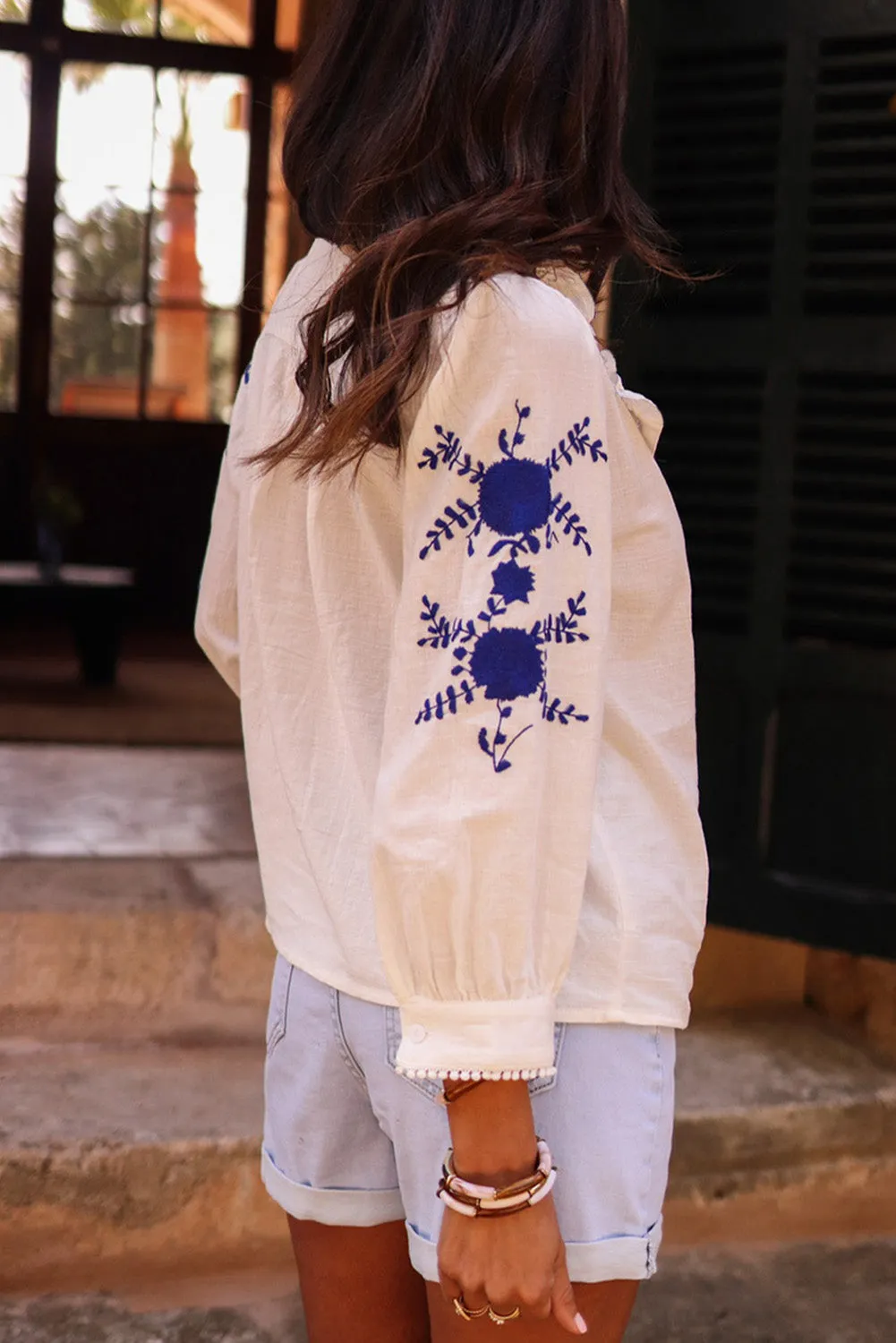 White Floral Embroidered Button Up Shirt