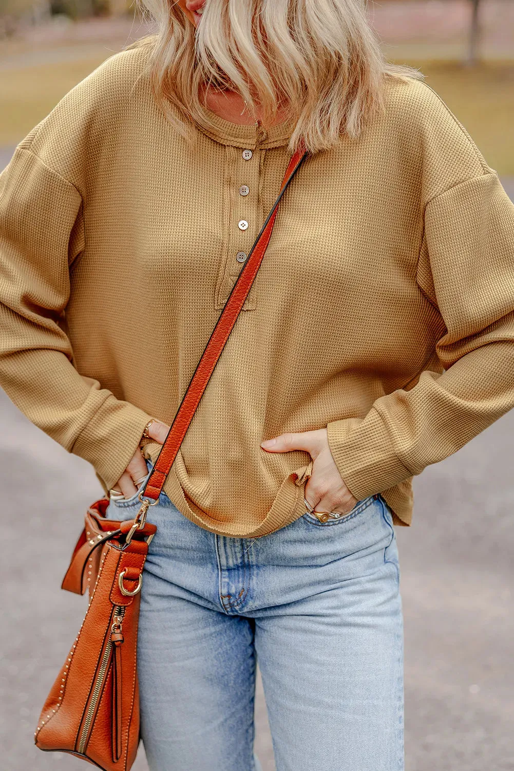 Willa Waffle-Knit Half Button Round Neck Long Sleeve Top- Deal of the Day!