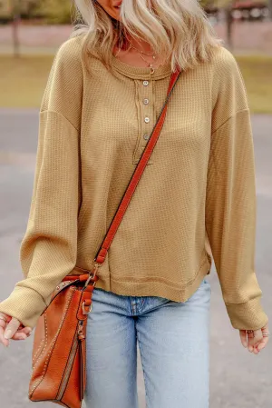 Willa Waffle-Knit Half Button Round Neck Long Sleeve Top- Deal of the Day!