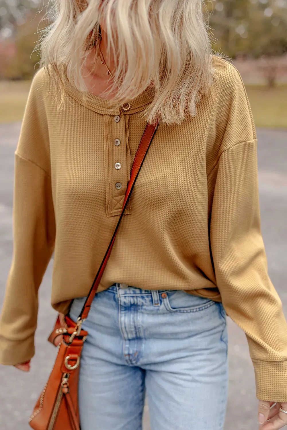 Willa Waffle-Knit Half Button Round Neck Long Sleeve Top- Deal of the Day!
