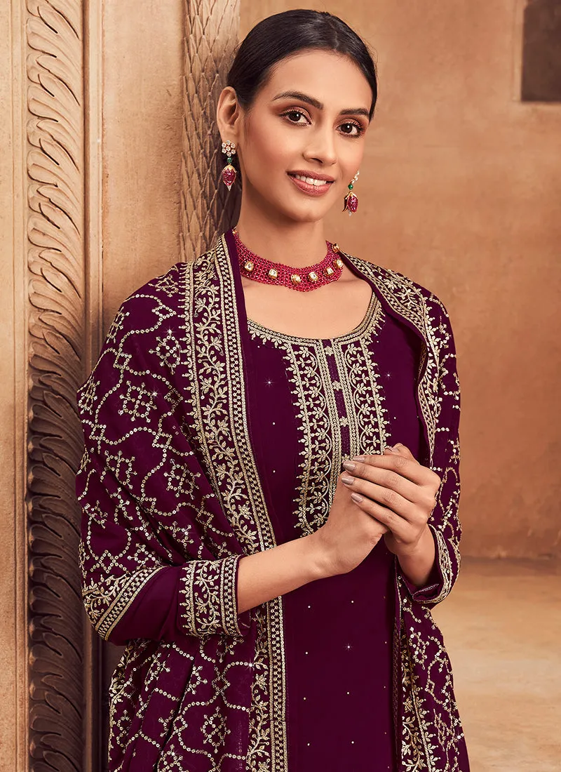 Wine Sequence Embroidery Festive Pant Style Suit