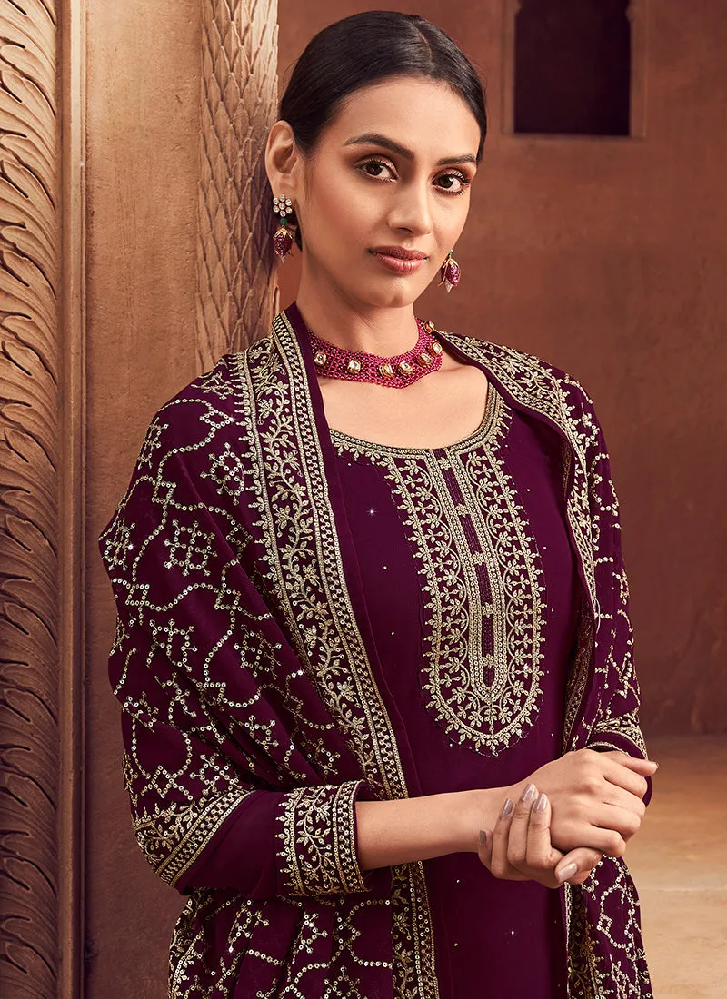 Wine Sequence Embroidery Festive Pant Style Suit