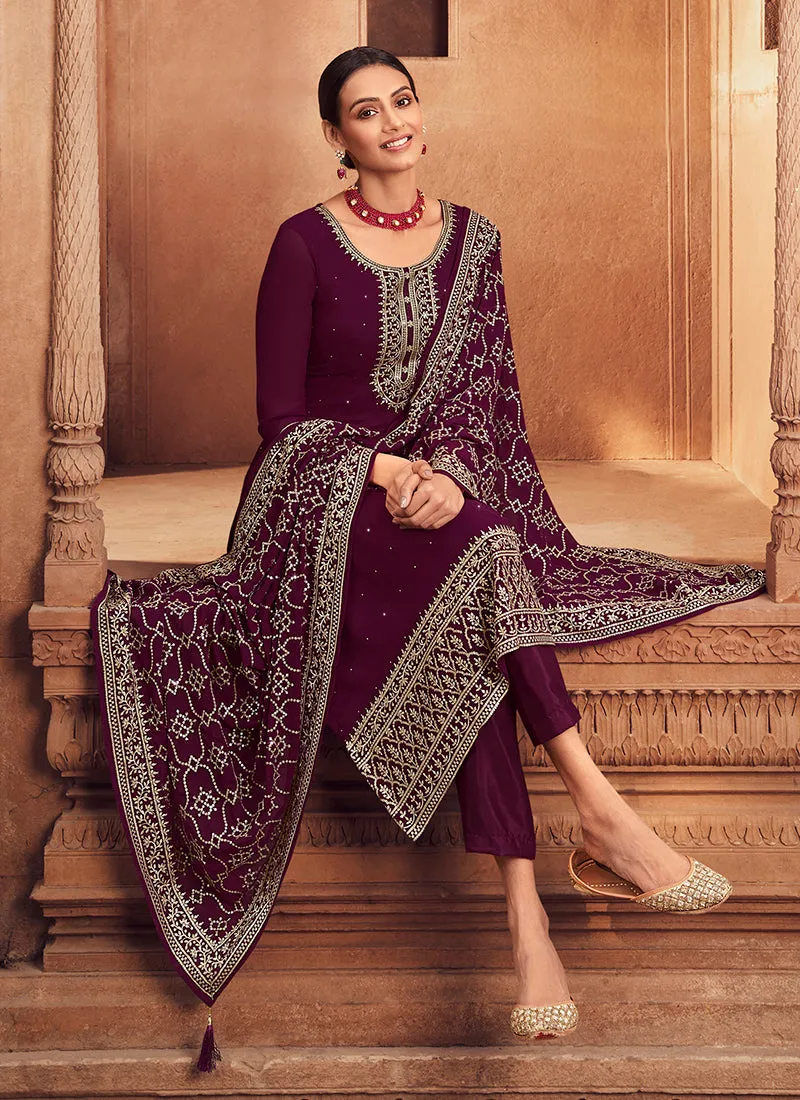 Wine Sequence Embroidery Festive Pant Style Suit