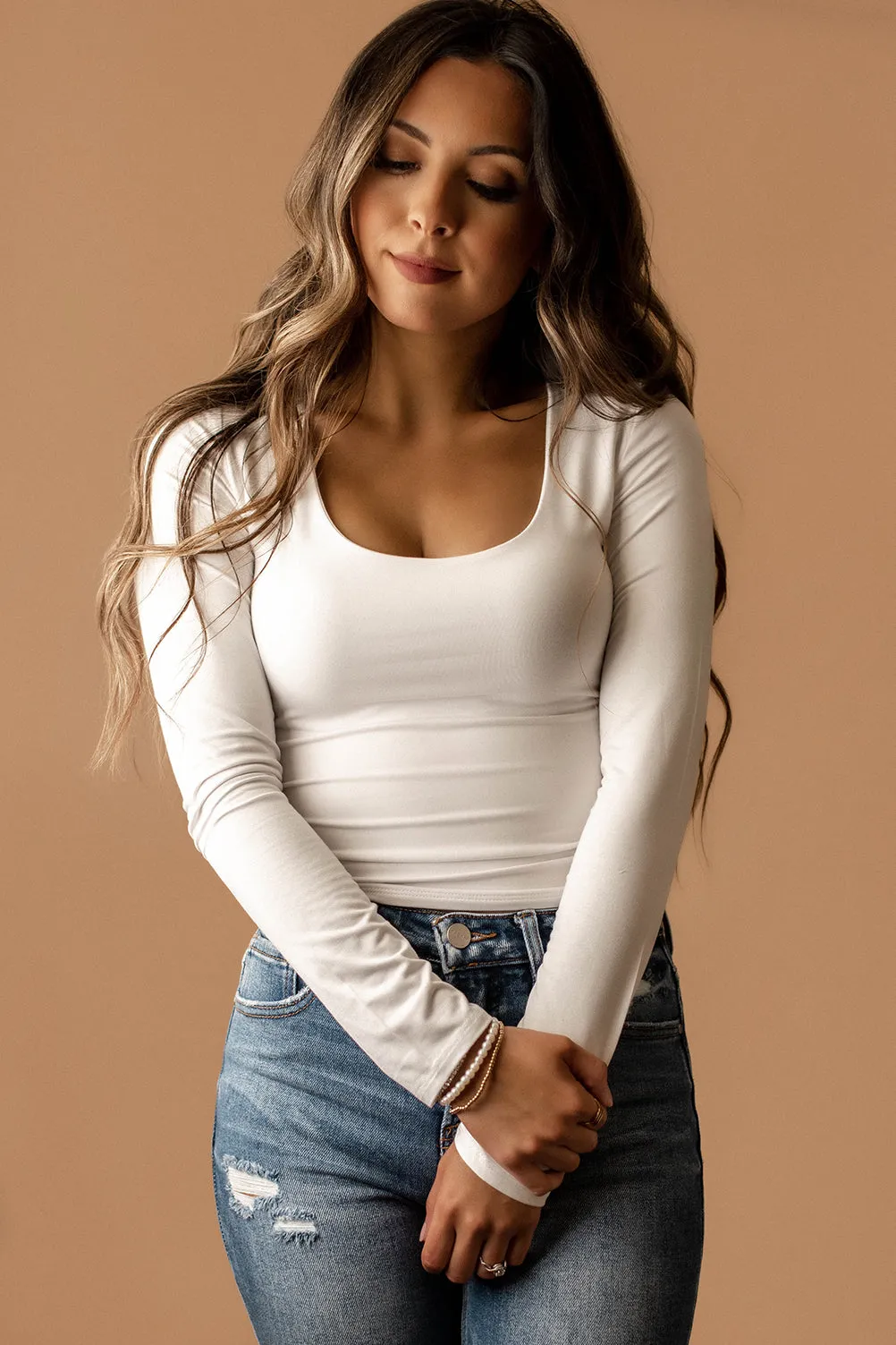 Wishful Double Layered Scoop-Neck Long Sleeve Top (Dusty Pink)