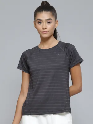Women Grey Striped Raglan Sleeves Rapid-Dry Knitted T-shirt