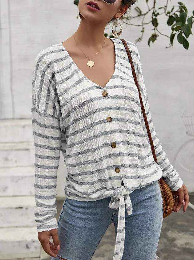 Women Single-button V-Collar Striped T-shirt