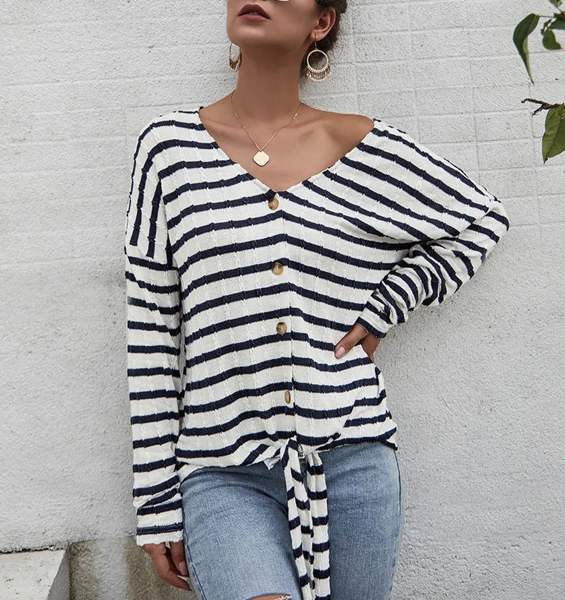Women Single-button V-Collar Striped T-shirt