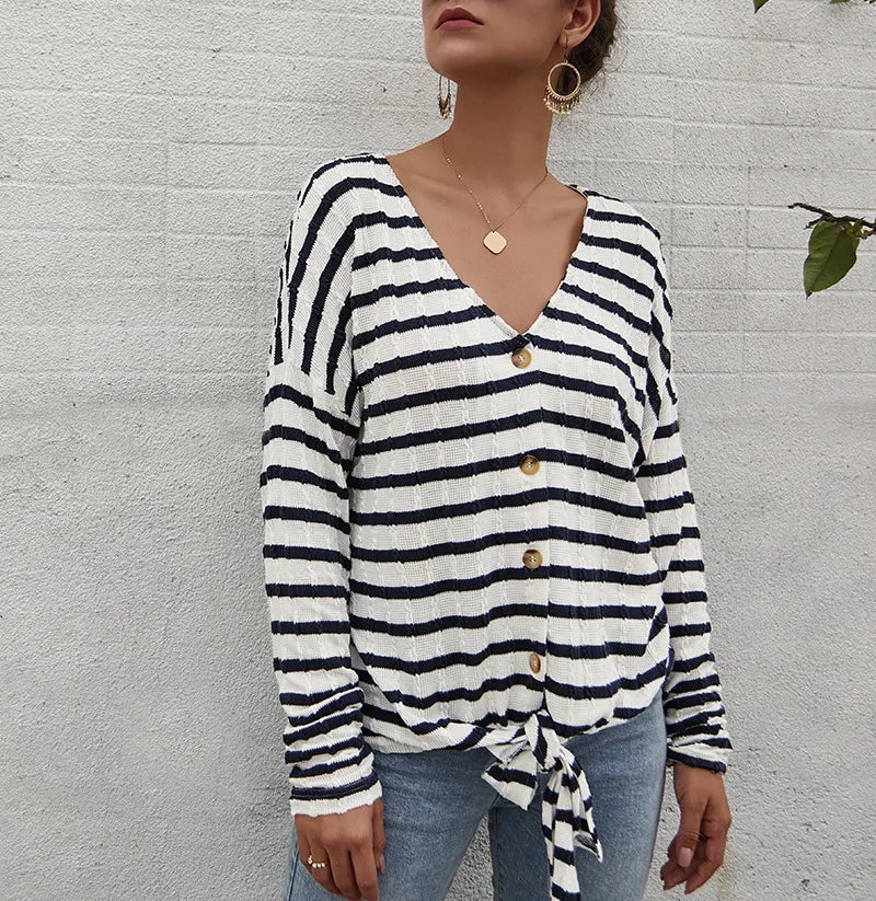 Women Single-button V-Collar Striped T-shirt