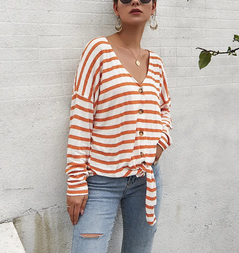 Women Single-button V-Collar Striped T-shirt