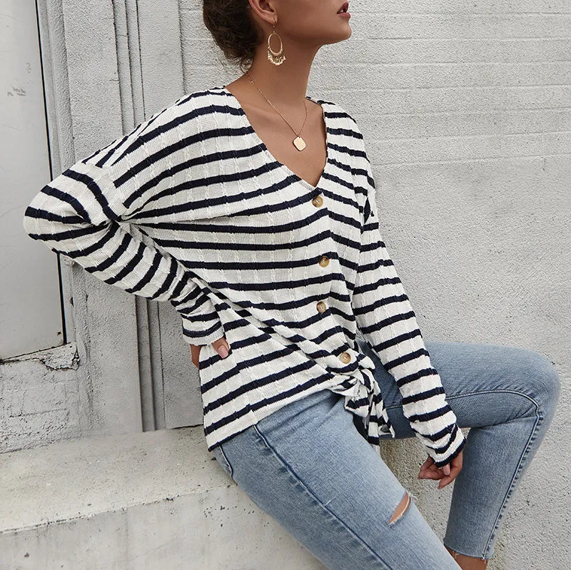 Women Single-button V-Collar Striped T-shirt
