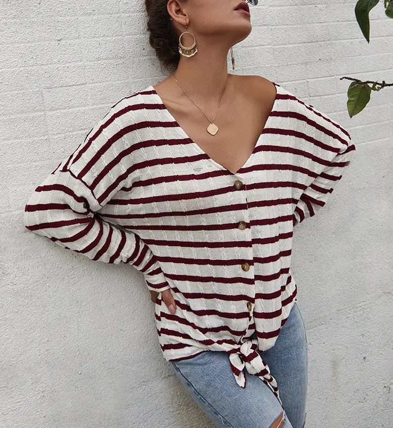 Women Single-button V-Collar Striped T-shirt