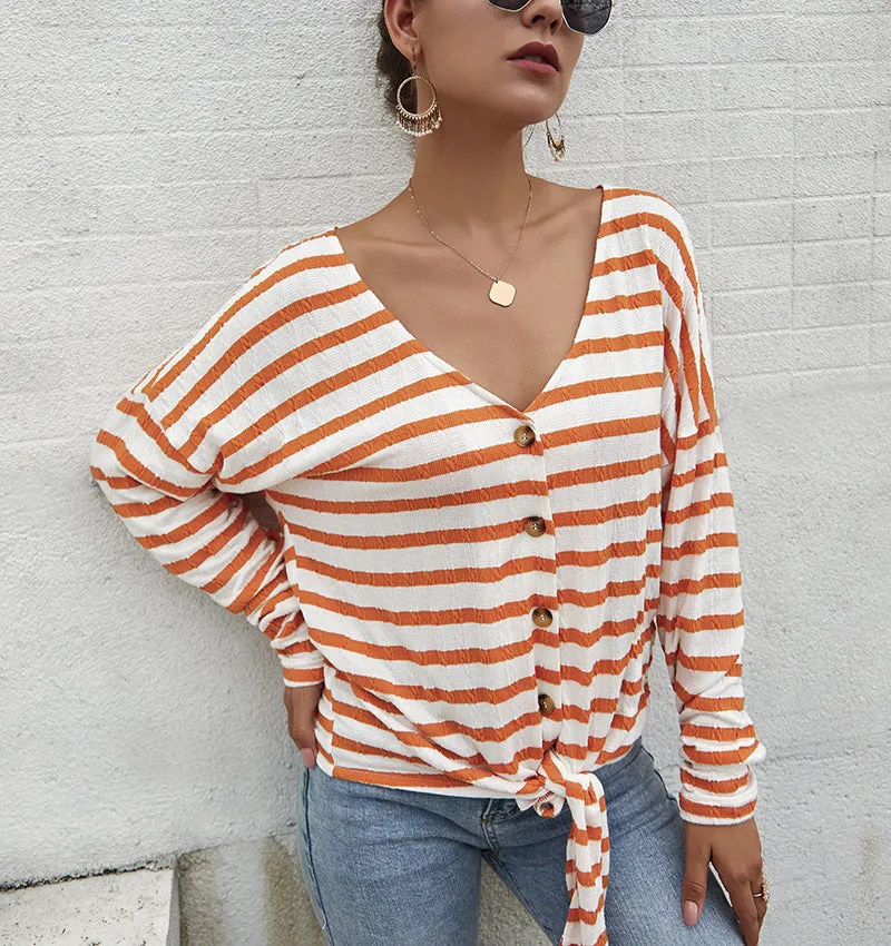 Women Single-button V-Collar Striped T-shirt