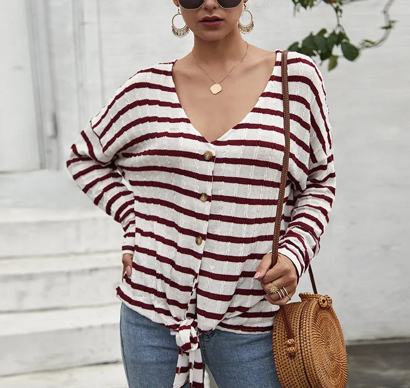 Women Single-button V-Collar Striped T-shirt
