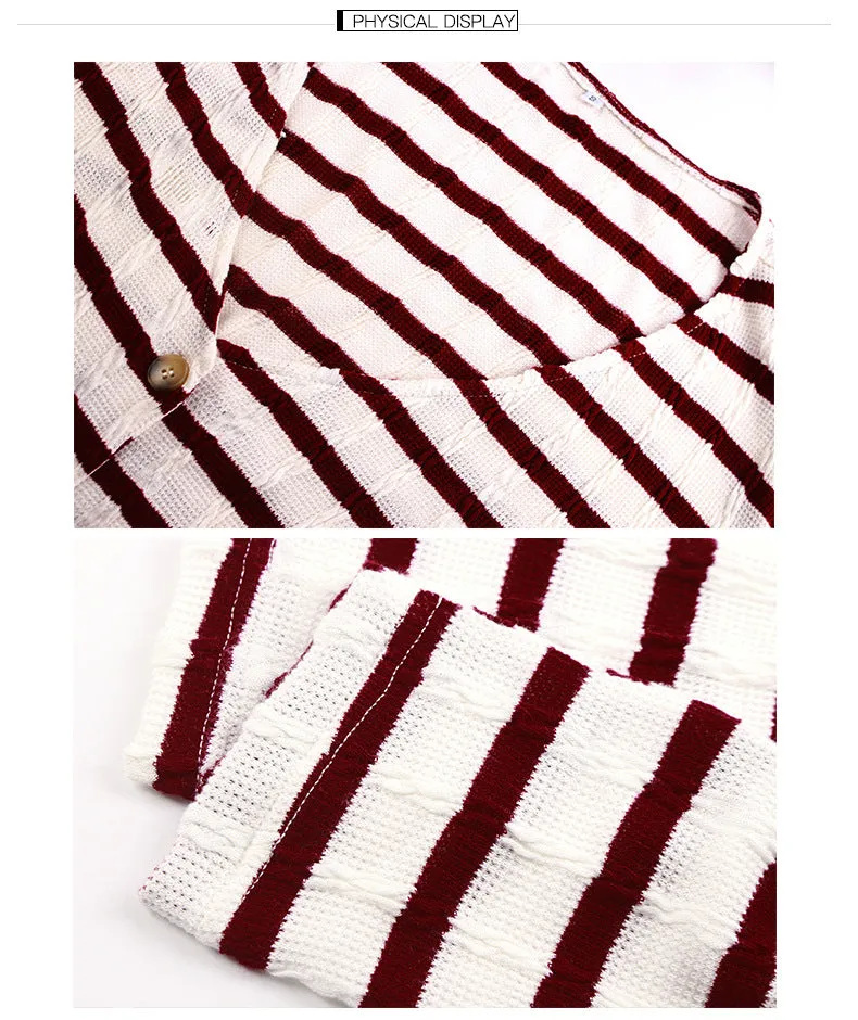 Women Single-button V-Collar Striped T-shirt