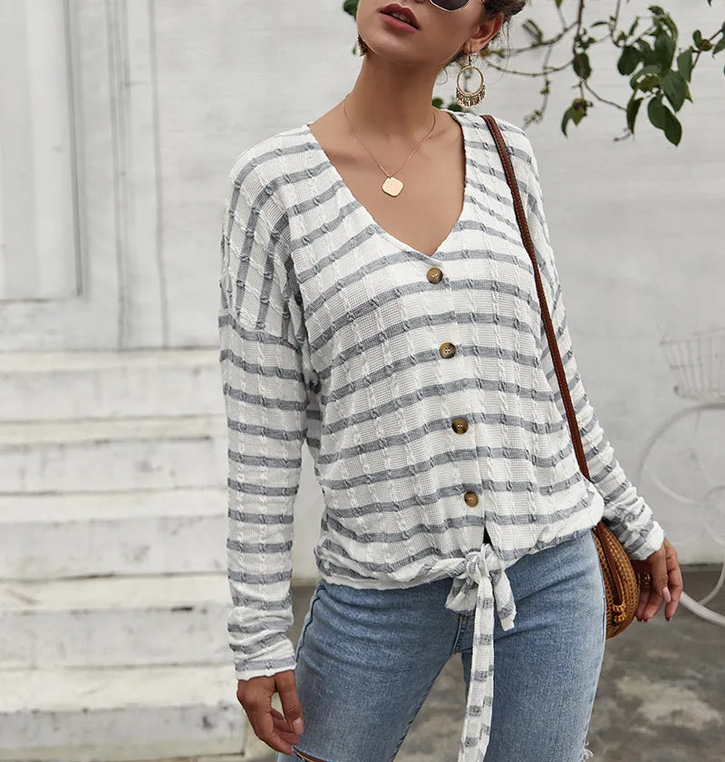 Women Single-button V-Collar Striped T-shirt