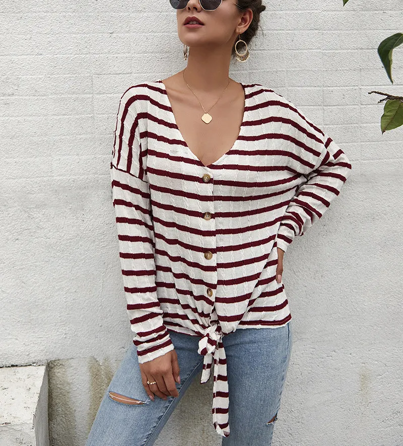 Women Single-button V-Collar Striped T-shirt