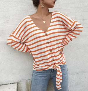Women Single-button V-Collar Striped T-shirt