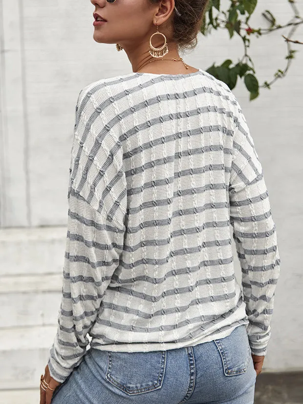 Women Single-button V-Collar Striped T-shirt