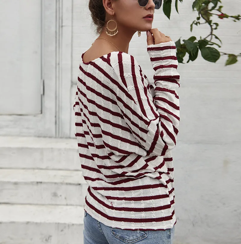 Women Single-button V-Collar Striped T-shirt