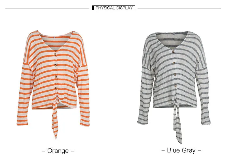 Women Single-button V-Collar Striped T-shirt