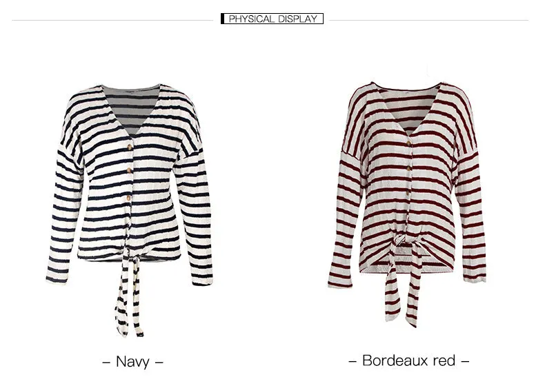 Women Single-button V-Collar Striped T-shirt