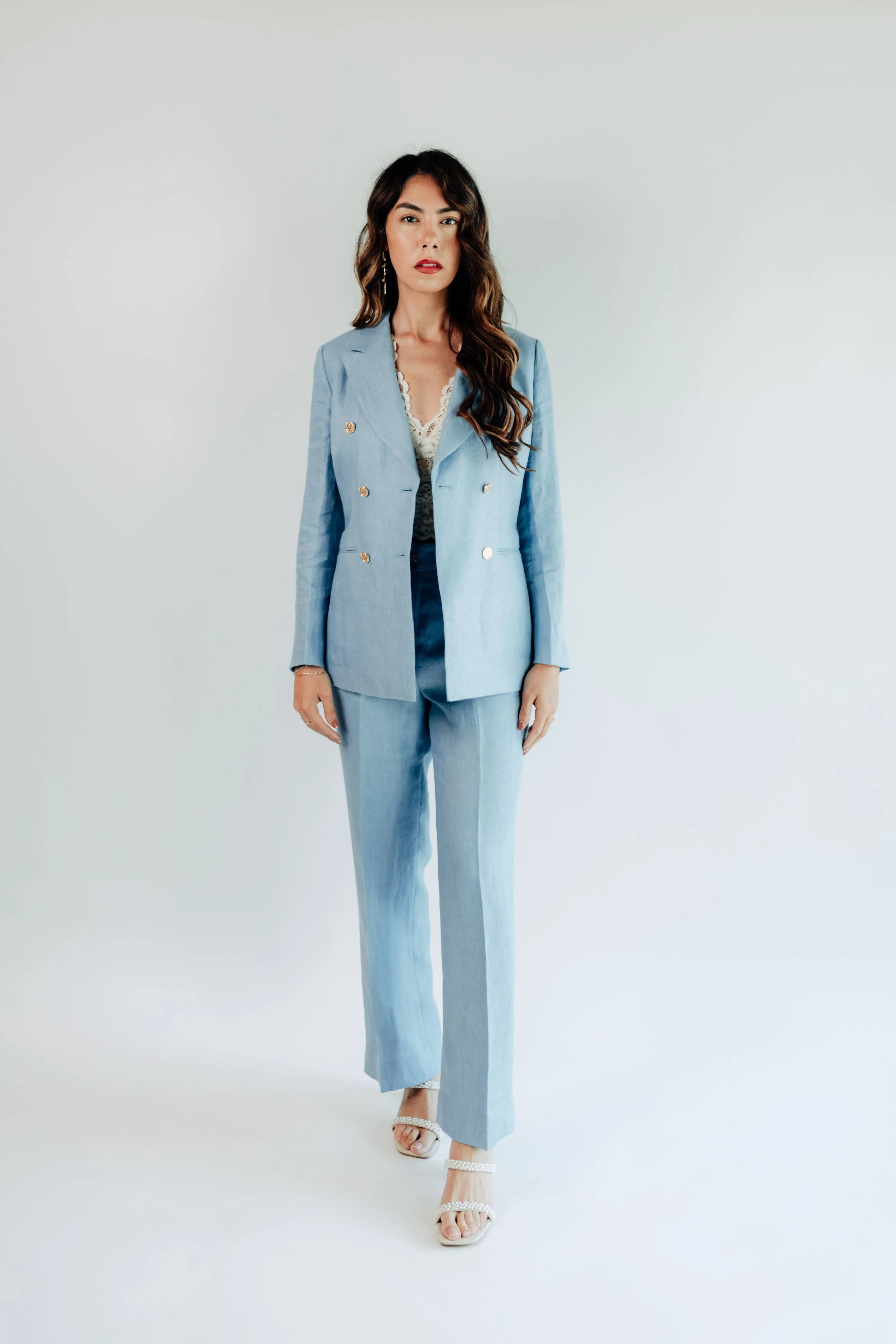 Women - Yacht Sea Blue Double Breasted Linen Suit