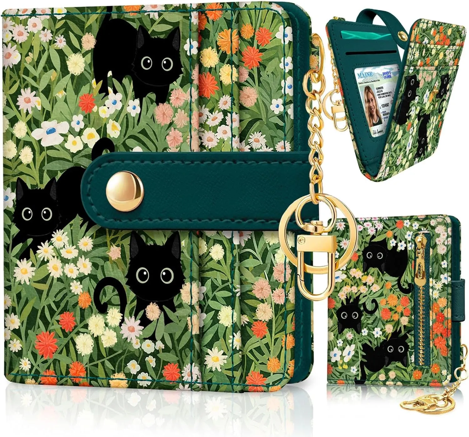 Womens Black Cat Floral Bifold Wallet, Slim RFID blocking Credit Card Holder with ID Window