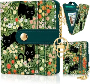 Womens Black Cat Floral Bifold Wallet, Slim RFID blocking Credit Card Holder with ID Window