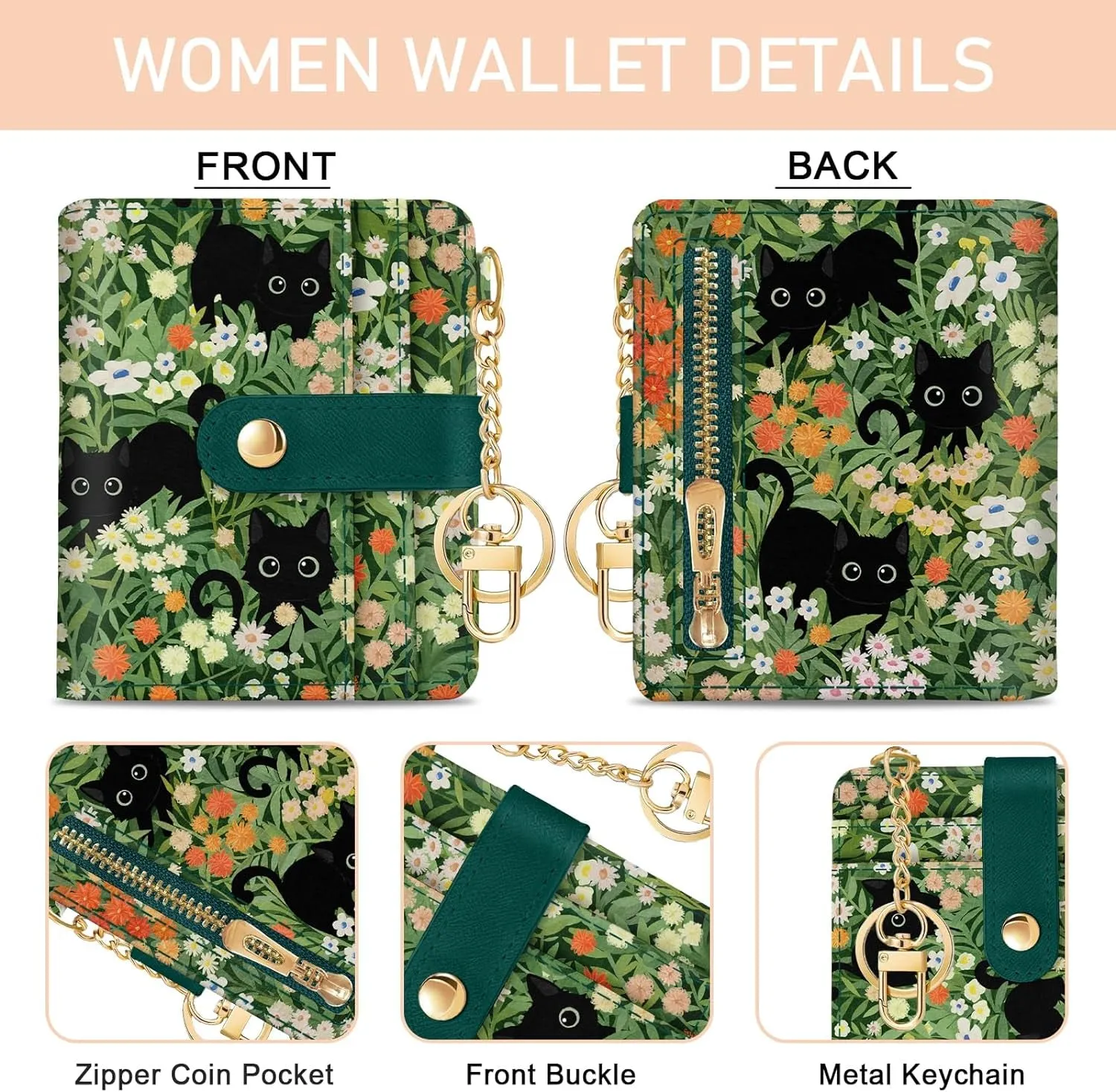 Womens Black Cat Floral Bifold Wallet, Slim RFID blocking Credit Card Holder with ID Window