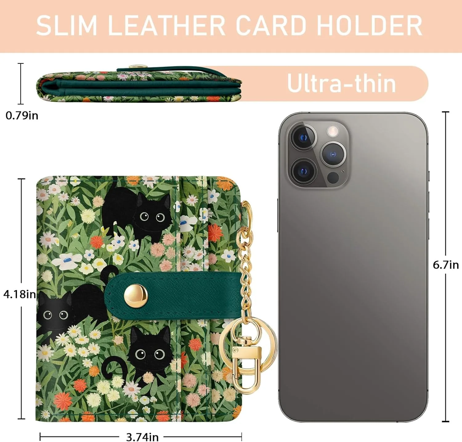 Womens Black Cat Floral Bifold Wallet, Slim RFID blocking Credit Card Holder with ID Window