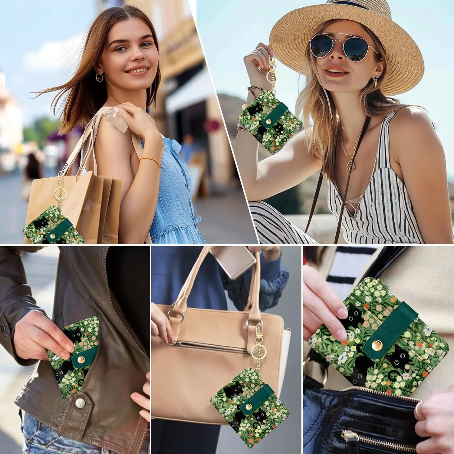 Womens Black Cat Floral Bifold Wallet, Slim RFID blocking Credit Card Holder with ID Window