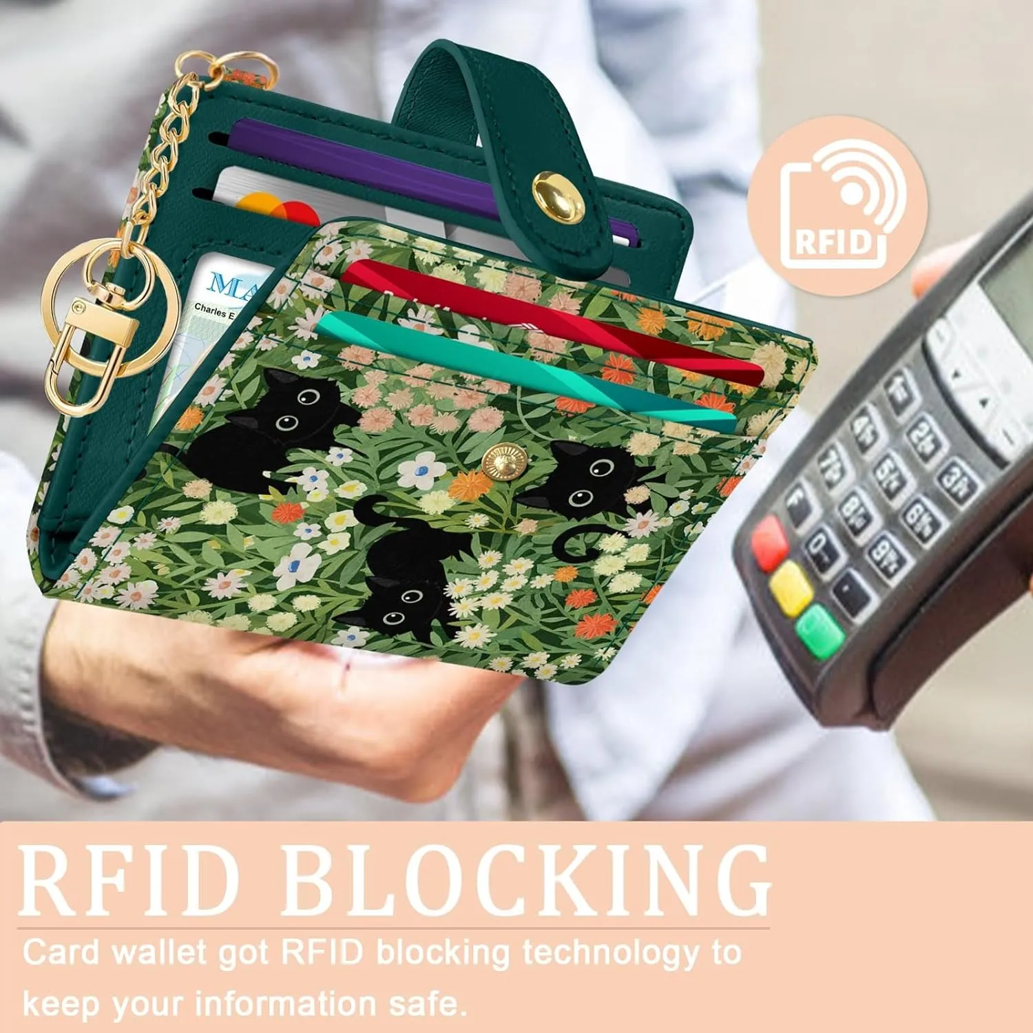 Womens Black Cat Floral Bifold Wallet, Slim RFID blocking Credit Card Holder with ID Window