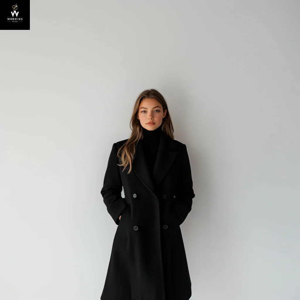 Women's Black Wool Overcoat – Wide Notch Lapel & Button Closure