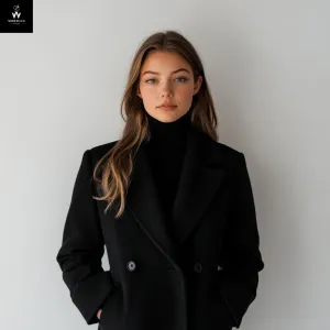 Women's Black Wool Overcoat – Wide Notch Lapel & Button Closure