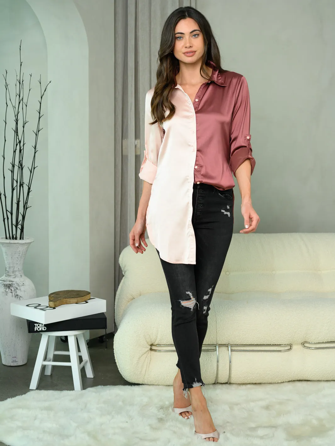 WOMEN'S COLLARED BUTTON-DOWN PULL TAB SLEEVES 2-TONE TOP