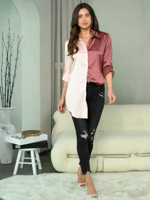 WOMEN'S COLLARED BUTTON-DOWN PULL TAB SLEEVES 2-TONE TOP
