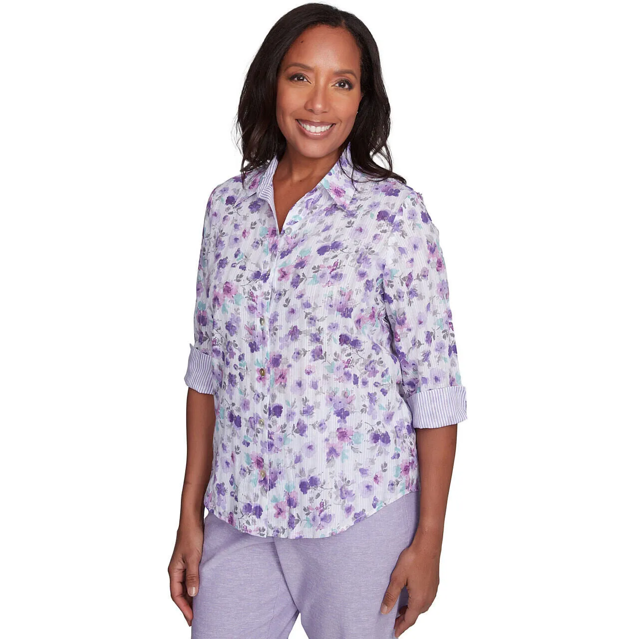 Women's Floral Contrast Cuff Button Down Top - 93440