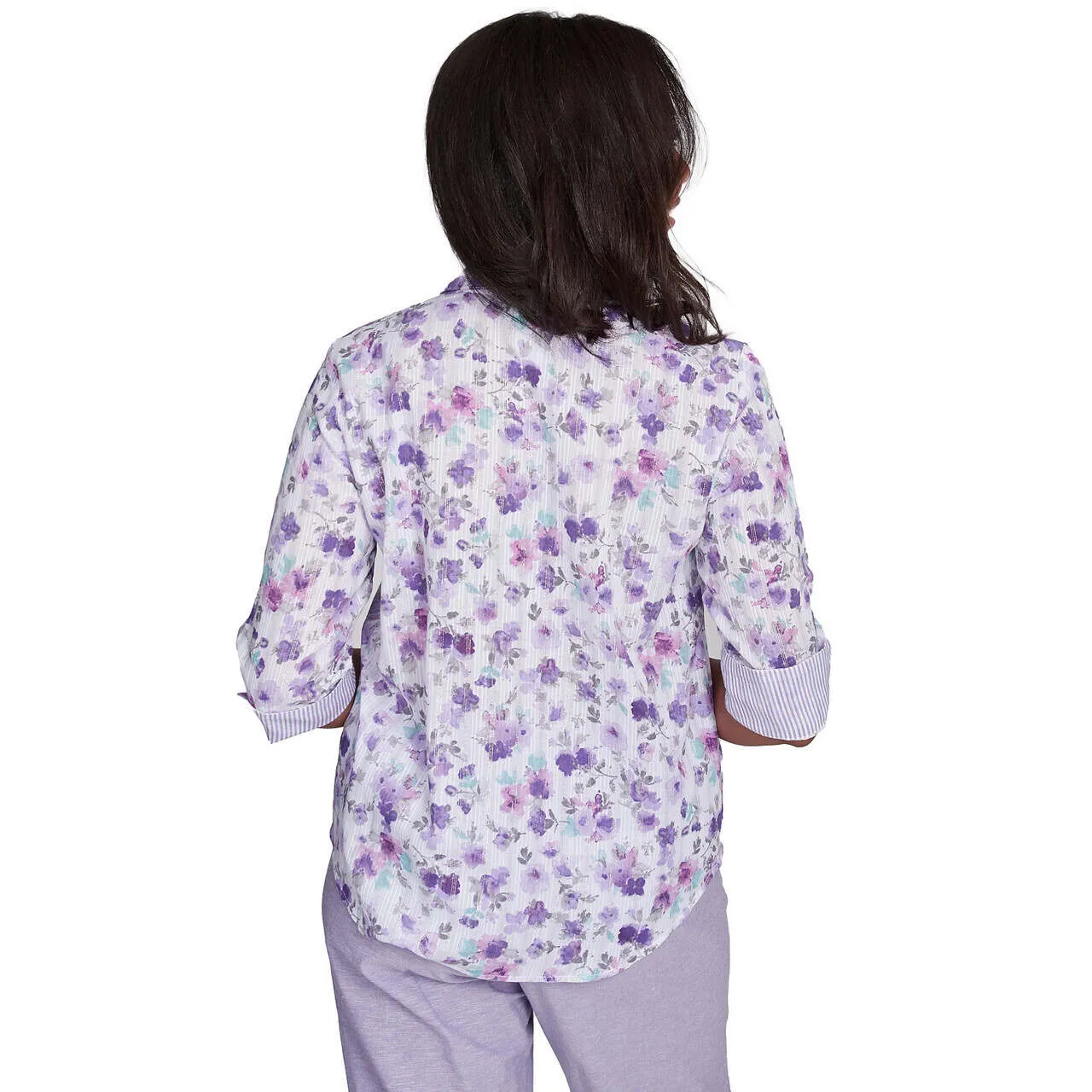 Women's Floral Contrast Cuff Button Down Top - 93440