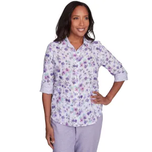 Women's Floral Contrast Cuff Button Down Top - 93440