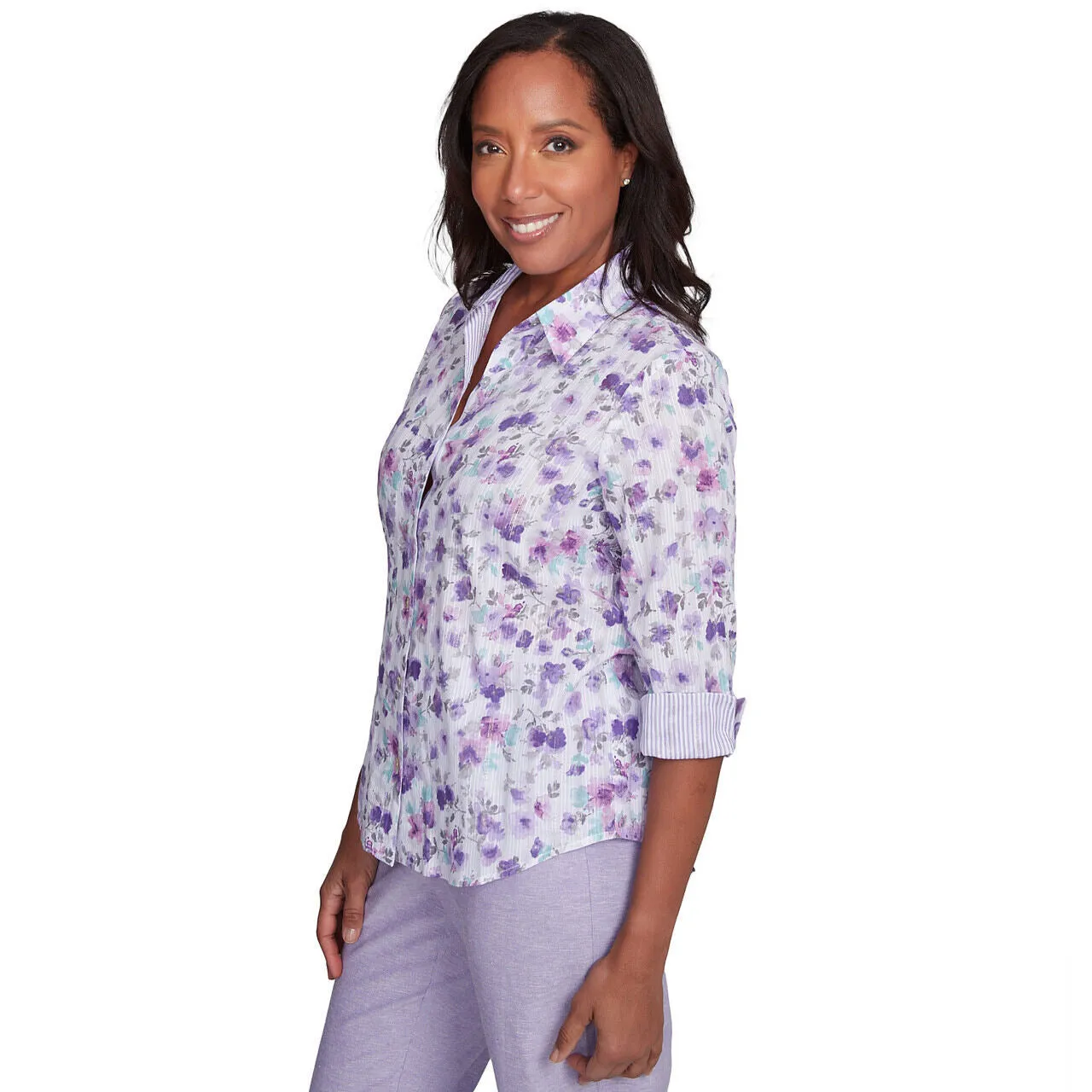 Women's Floral Contrast Cuff Button Down Top - 93440