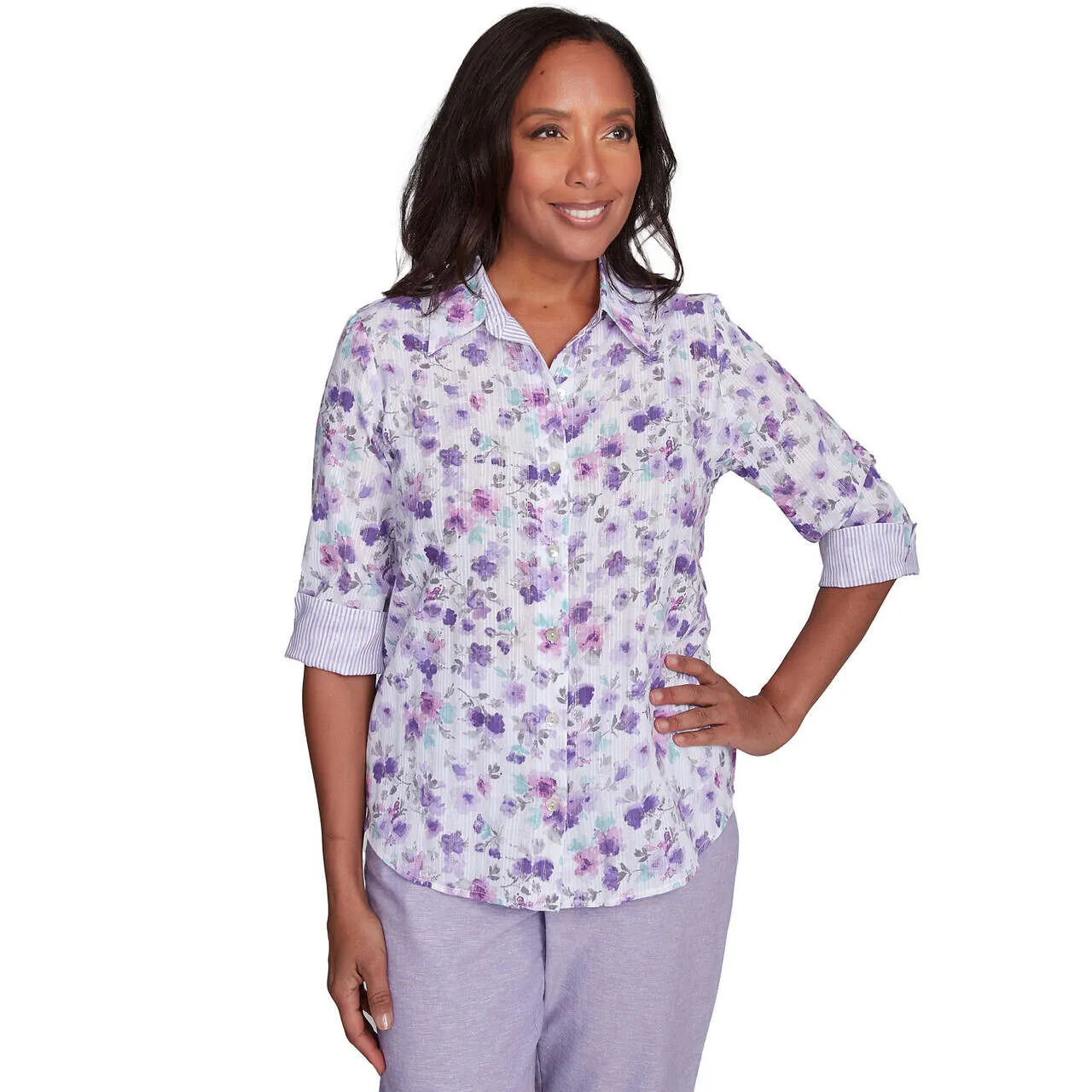 Women's Floral Contrast Cuff Button Down Top - 93440