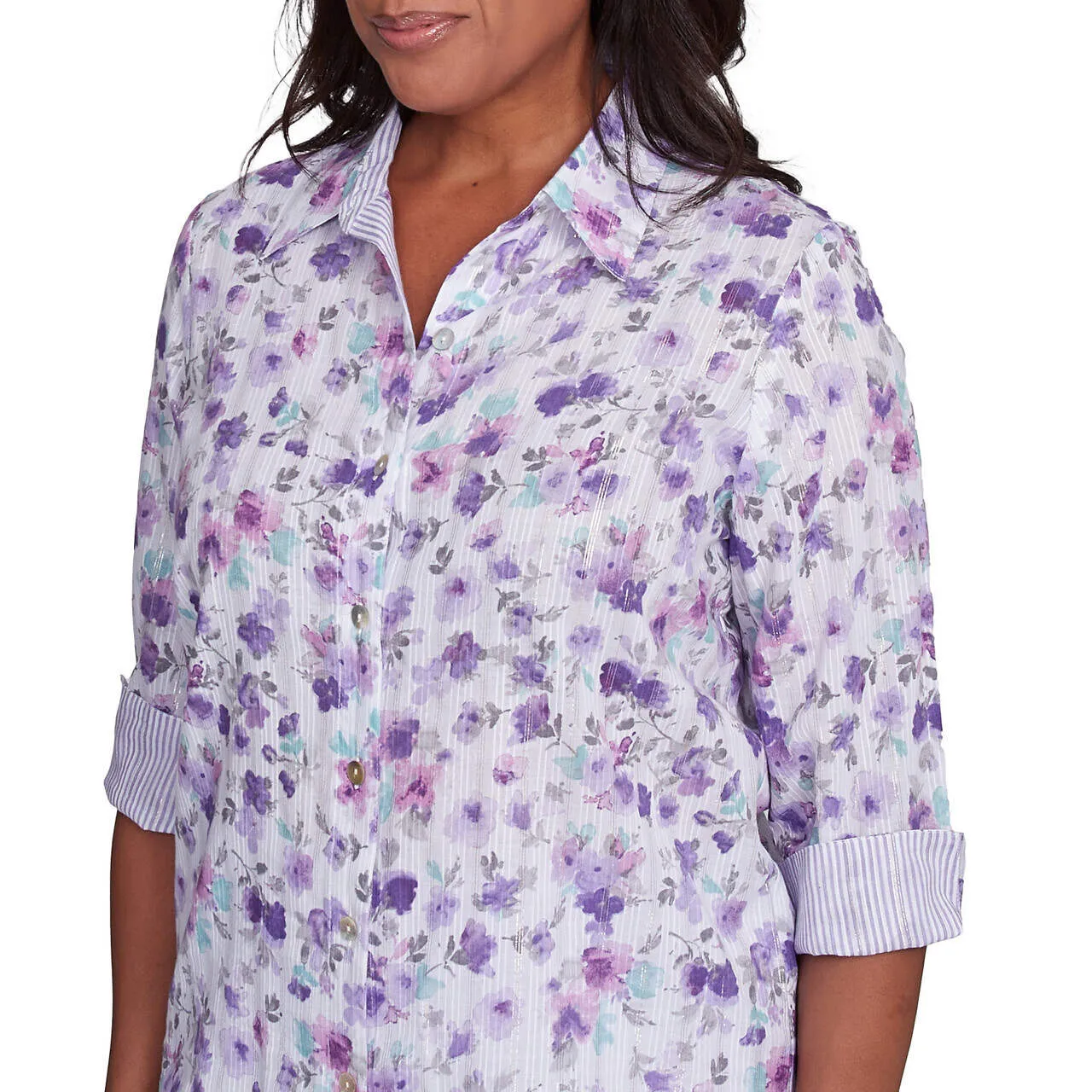 Women's Floral Contrast Cuff Button Down Top - 93440