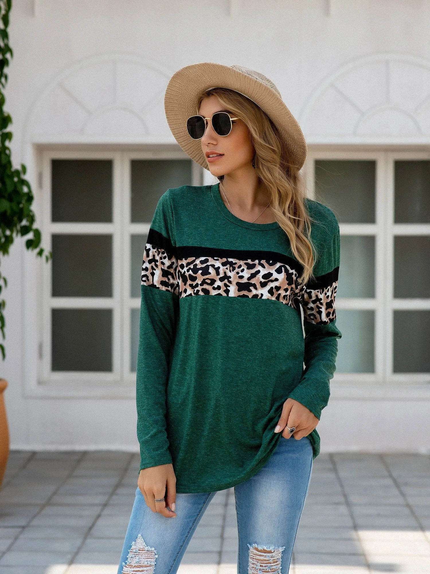 Women's Leopard Print Patchwork Long Sleeve T Shirt