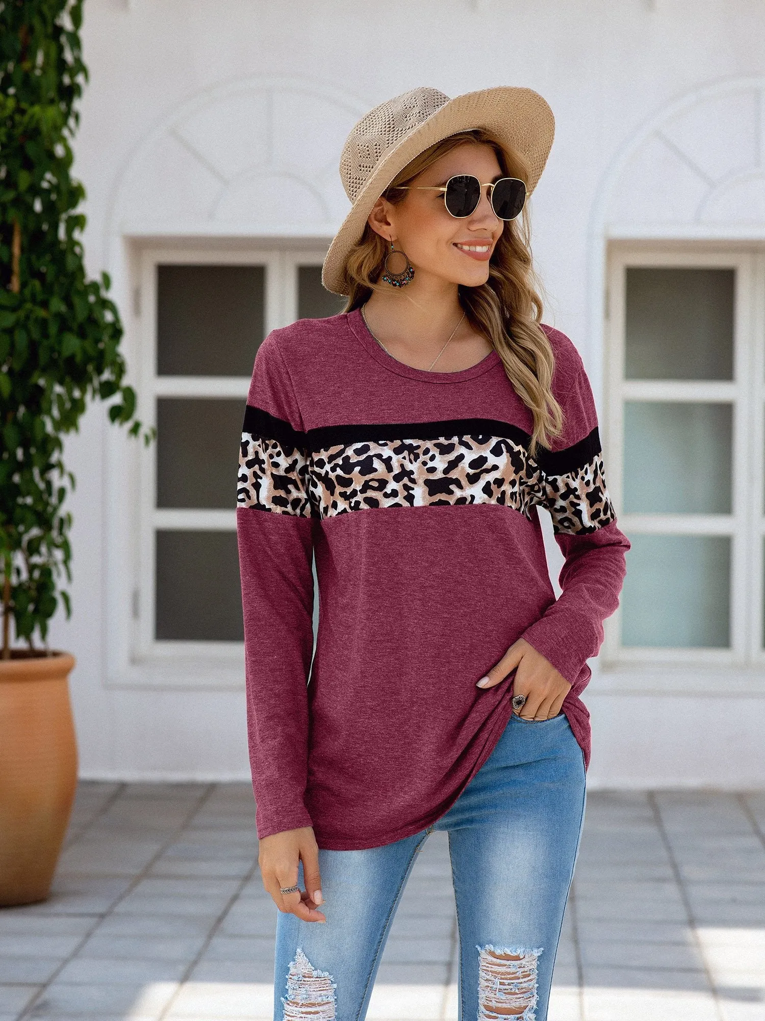 Women's Leopard Print Patchwork Long Sleeve T Shirt