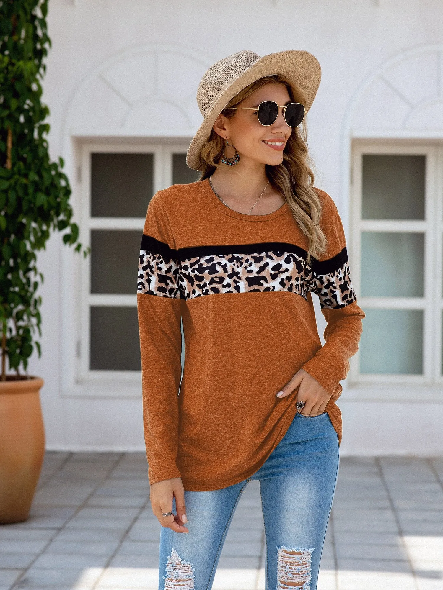 Women's Leopard Print Patchwork Long Sleeve T Shirt
