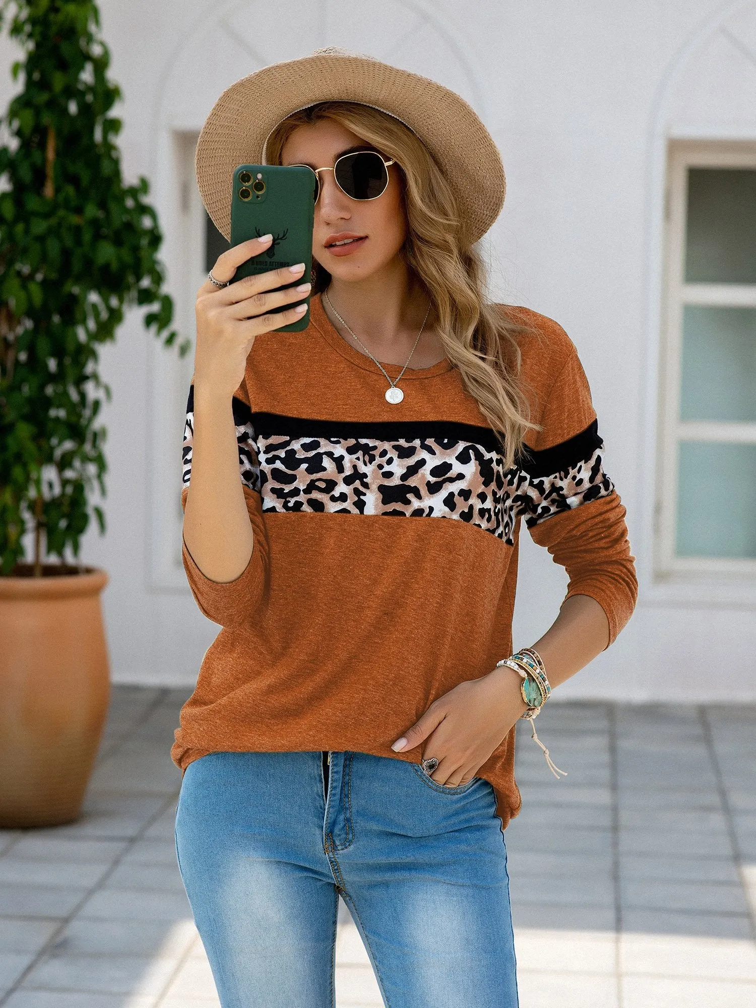 Women's Leopard Print Patchwork Long Sleeve T Shirt