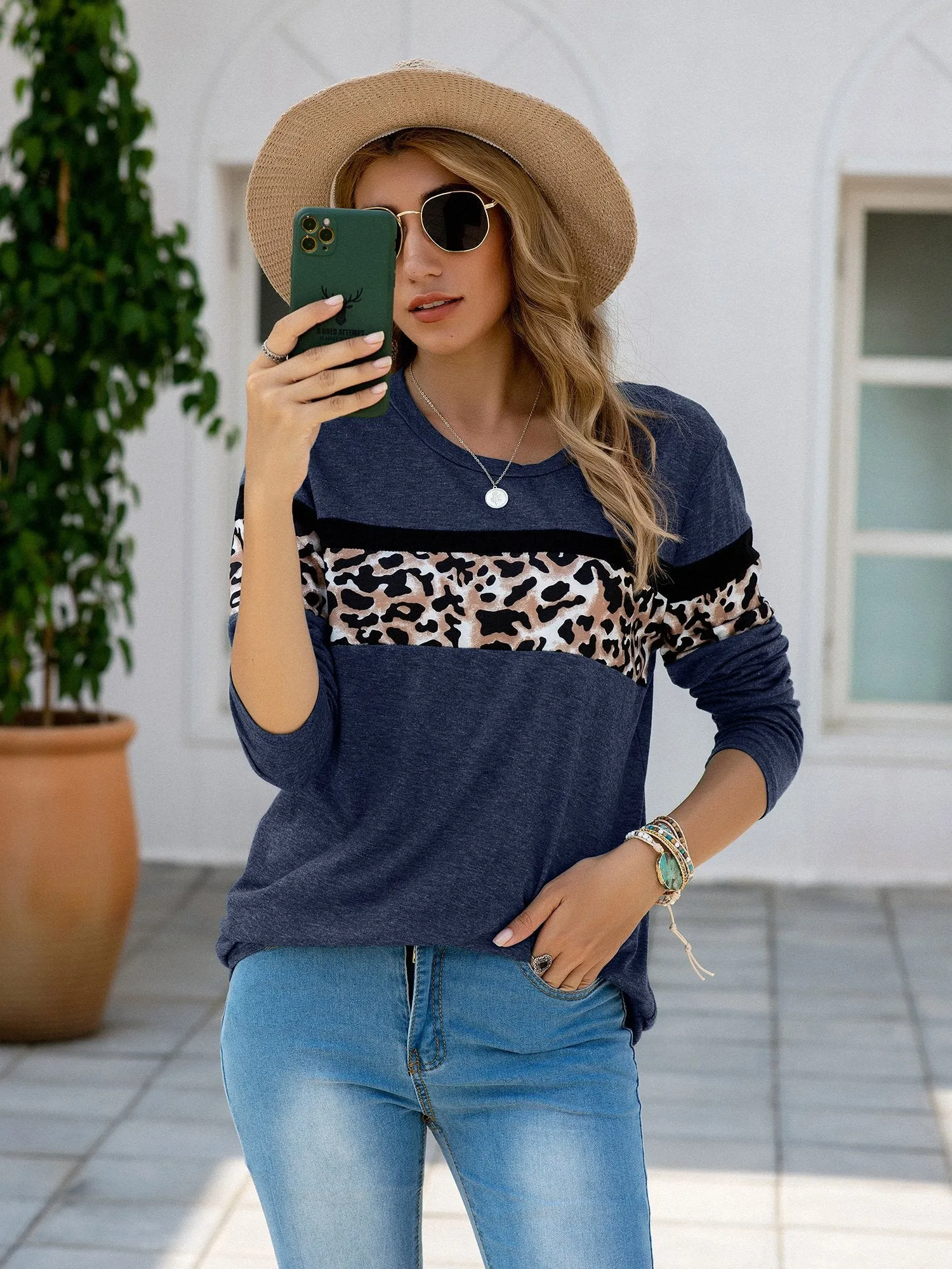 Women's Leopard Print Patchwork Long Sleeve T Shirt