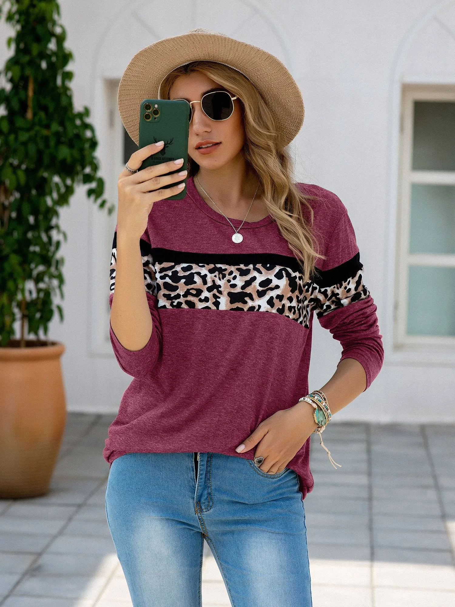 Women's Leopard Print Patchwork Long Sleeve T Shirt