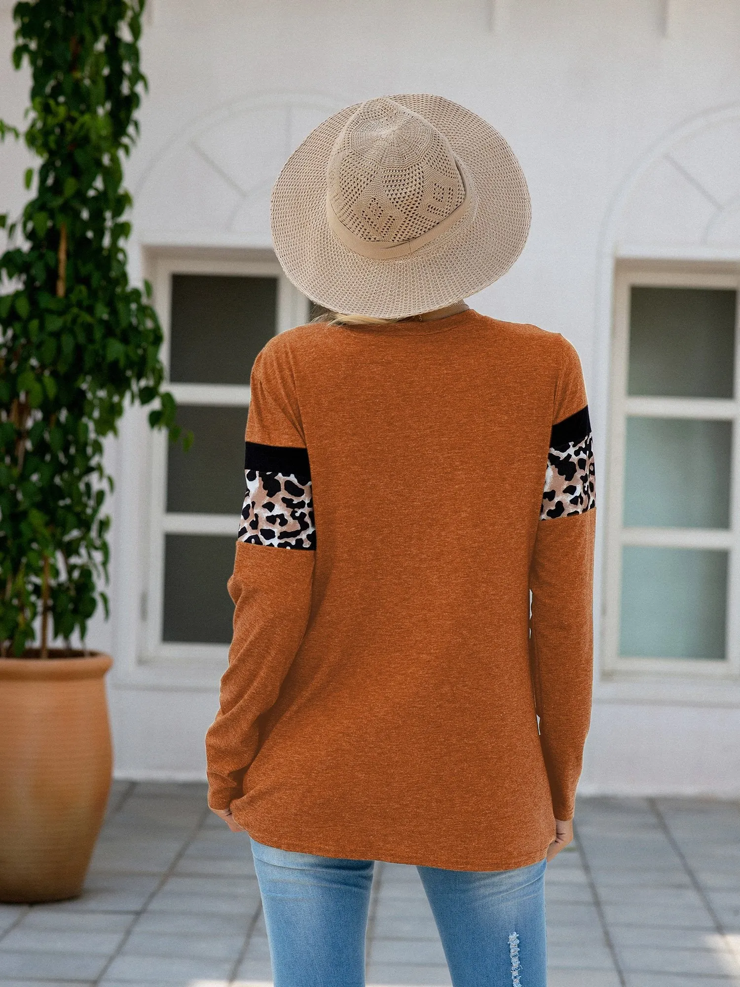Women's Leopard Print Patchwork Long Sleeve T Shirt